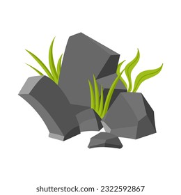 Stone rock and plant bushes shrub vector illustration collection set for game asset green graphic element. Rock stone illustration template collection set for forest or park illustration element.