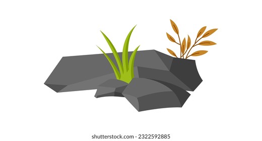 Stone rock and plant bushes shrub vector illustration collection set for game asset green graphic element. Rock stone illustration template collection set for forest or park illustration element.