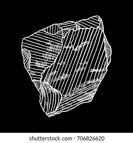 Stone, rock sacred magic earth element, hand drawn hatching style boulder rubble, demolished stone. Vector.