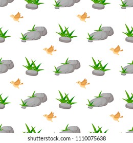 Stone rock seamless pattern nature architecture vector illustration. Natural cobblestone with green grass background. Nature texture with little birds.