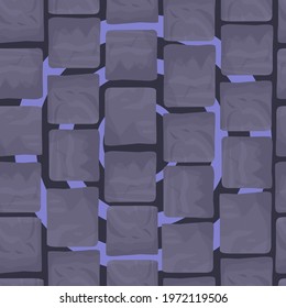 Stone, rock, seamless pattern vector illustration. Lilac abstract background from cobblestone, pebble, boulder. Decorative wall, floor, 3D wallpaper or building tiles with texture. Architectural fence