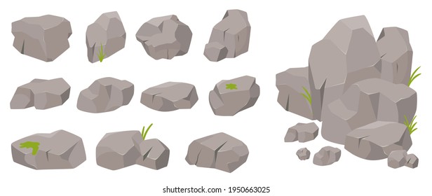 Stone rock set, decorative single, piled stones of different shapes with nature grass