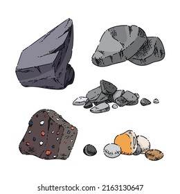 conjunto de rocas de piedra boceto de la mano vector de guijarros mar, cristal de rollo, diamante de río vintage ilustración de la línea de color