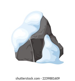 Stone and rock in snow. Snowy mountains in cartoon, heap of boulders in winter. Boulders and building material. Ice age in vector illustration.