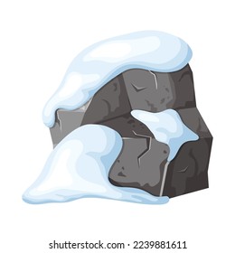 Stone and rock in snow. Snowy mountains in cartoon, heap of boulders in winter. Boulders and building material. Ice age in vector illustration.