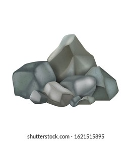 Stone Rock Stacked Pile Fieldstones Cobbles Vector. Solid Strong Stone Crag Exterior Detail And Part Of Construction. Rocky Landscape Colorful Concept Template Realistic 3d Illustration