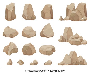 Stone rock. Stones boulder, gravel rubble and pile of rocks. Stone for wall or mountain. Granite rock for game, geology cartoon isolated vector icons set