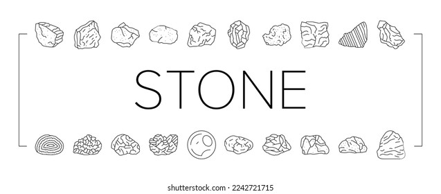 stone rock texture nature icons set vector. surface grey, white mountain, landscape marble, gark grungem natural gravel stone rock texture nature black contour illustrations