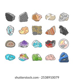 stone rock texture nature icons set vector. surface grey, white mountain, landscape marble, gark grungem natural gravel stone rock texture nature color line illustrations