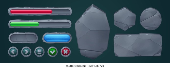 Vector de dibujos animados de botón de interfaz de juegos de Stone rock ui. Círculo, flecha, barra de carga, barra de planchas y deslizador de progreso icono aislado para el diseño medieval del menú de usuario. Textura de placa e información de panel kit antiguo 2d