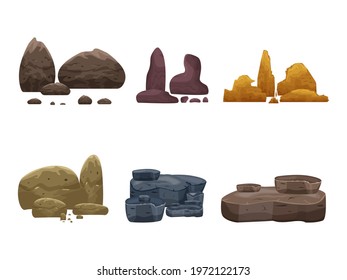 Stone, rocks, crag, set vector illustration. A fragment of a mountain, hard fossil. Geology, stone material concept. Mountain landscape. Gravel or concrete texture.Boulder, cobble on the ground, sand