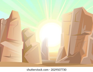 Stone rocky landscape. Deserted place. Rocky cliffs. lights of a sun. Peaks of the mountains. Illustration vector