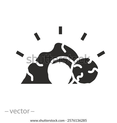 stone rolled away from the coffin, cave icon, hi is risen, easter concept,  flat vector illustration
