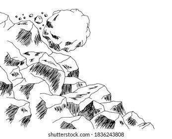 Stone rolls down the mountain graphic black white landscape sketch illustration vector