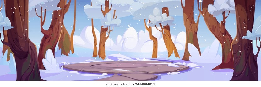 Stone round battleground arena or podium in winter snowy forest. Cartoon vector landscape with rock circular platform surrounded by trees and ground covered with snow. Battle arena or magic portal.