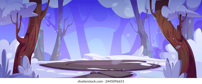 Stone round battleground arena or podium in winter snowy forest. Cartoon vector landscape with rock circular platform surrounded by trees and ground covered with snow. Battle arena or magic portal.