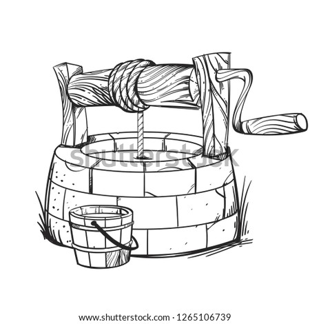 Stone round well with wooden elements, near a wooden bucket with water. Vector black and white image.