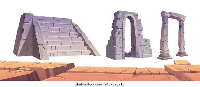 Stone ruins of broken ancient stone buildings. Arch brick rock entrance and stairs. Cartoon vector illustration set pieces of abandoned architecture and old temple construction.