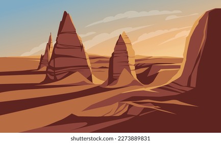 stone and sand sunset desert. Landscape view. Flar vector illustration