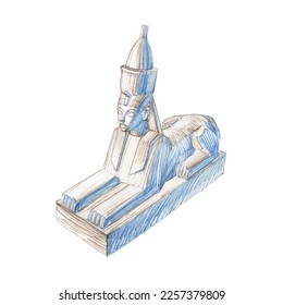 Stone sculpture of the ancient Egyptian Sphinx. Vector illustration on a white background in cartoon and hand drawn style. Traced color pencils.