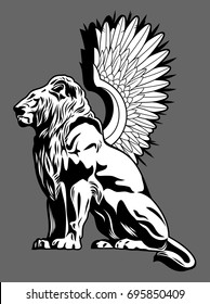 Stone sculpture of a lion with wings. Ancient architectural element