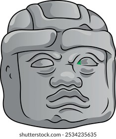 Stone sculpture of an Olmec head. Cartoon style illustration.