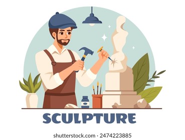 Stone Sculpture Vector Illustration featuring a Craftsman Carving a Rock Using Sculpting Tools in Flat Style Cartoon Background Design