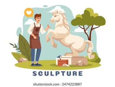 Stone Sculpture Vector Illustration featuring a Craftsman Carving a Rock Using Sculpting Tools in Flat Style Cartoon Background Design