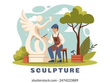 Stone Sculpture Vector Illustration featuring a Craftsman Carving a Rock Using Sculpting Tools in Flat Style Cartoon Background Design