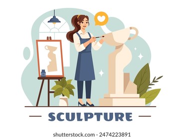 Stone Sculpture Vector Illustration featuring a Craftsman Carving a Rock Using Sculpting Tools in Flat Style Cartoon Background Design