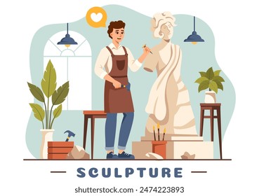 Stone Sculpture Vector Illustration featuring a Craftsman Carving a Rock Using Sculpting Tools in Flat Style Cartoon Background Design