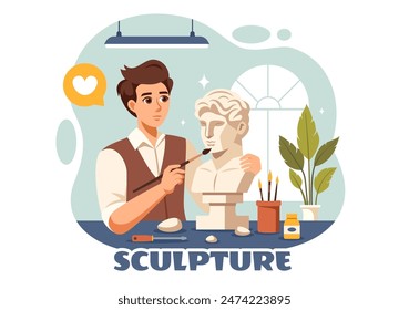 Stone Sculpture Vector Illustration featuring a Craftsman Carving a Rock Using Sculpting Tools in Flat Style Cartoon Background Design