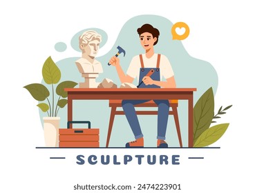 Stone Sculpture Vector Illustration featuring a Craftsman Carving a Rock Using Sculpting Tools in Flat Style Cartoon Background Design