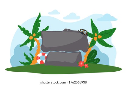 Stone sculptures and palm in Stone park. Stone stack of dol hareubang tourist attraction on Jeju Korean island vector illustration. Travel to South korea. Welcome to Jeju island. Vacation in Asia