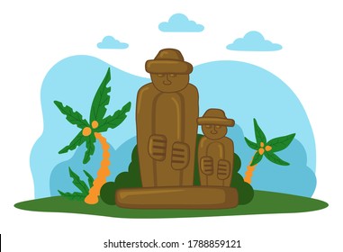 Stone sculptures and palm in Stone park. Stone statue of dol hareubang tourist attraction on Jeju Korean island vector illustration. Travel to South korea. Welcome to Jeju island. Vacation in Asia