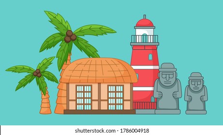 Stone sculptures and palm, red lighthouse and traditional rural house. Tourist attraction on Jeju Korean island vector illustration. Travel to South korea. Welcome to Jeju island. Vacation in Asia