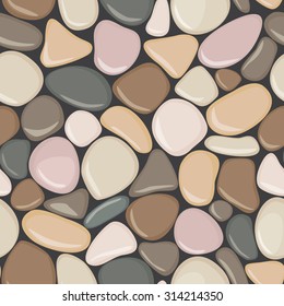 Stone seamless background texture. Pebbles seamless pattern. Colorful seaside wet pebble vector illustration. Spa stones flat design.