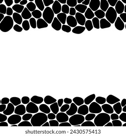 Stone seamless border frame vector illustration. Pebble template background. Black and white paving repeated card. Cobblestone wallpaper for interior designs, web game and wall fill textures