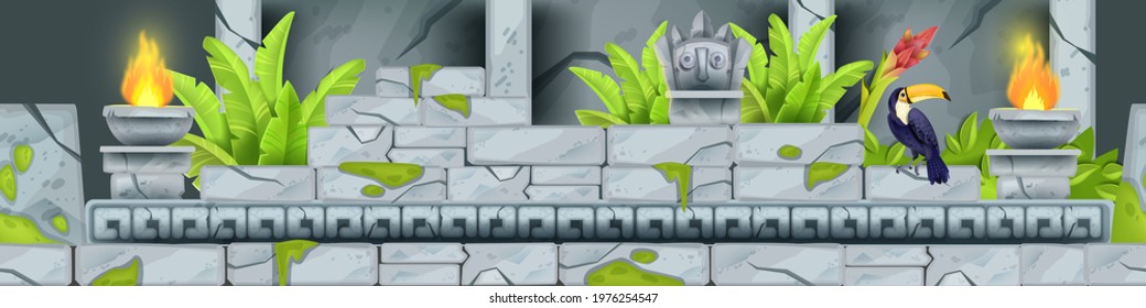 Stone seamless game border, vector jungle cartoon rock temple ruin background, toucan, column, fire. Ancient Aztec cracked monument, totem face, altar, moss, tropical leaf. Stone border exotic level