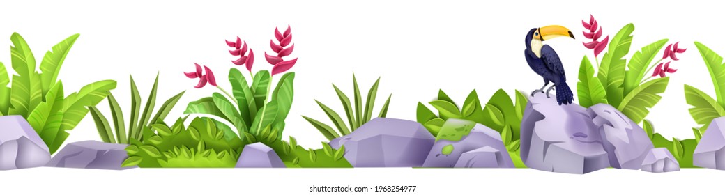 Stone seamless vector border, tropical exotic jungle rainforest rocks, toucan, banana leaves, flowers. Game environment nature design element, green plants, big grey boulder. Stone border on white