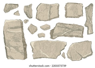 Stone set. Cartoon art broken rock blocks. Realistic texture debris mountain isolated on white. Natural boulder wall shape. Watercolor style. Cliff beach color stones. Vector illustration.