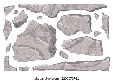 Stone set. Cartoon art broken rock blocks. Realistic texture debris mountain isolated on white. Natural boulder wall shape. Watercolor style. Cliff beach color stones. Vector illustration.