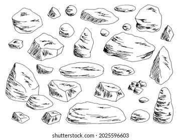 Stone set small rocks isolated graphic black white sketch illustration vector 