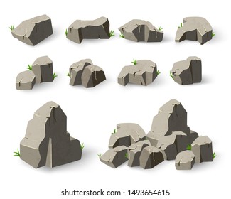 Stone set in style cartoon. Set of different boulders. Element gray granite mountains. Vector illustration on white isolated background