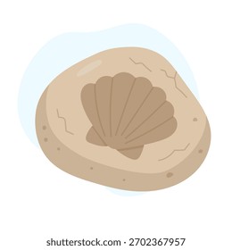 Stone with shell fossil imprint showing ancient texture, fossil illustration symbolizing prehistoric life and discovery, perfect for educational materials, museum visuals, or natural history designs.