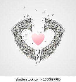 Stone shield destroys love in the form of a heart. Vector illustration.