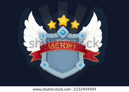 Stone shield, frame with gemstones, award ribbon, wings, golden stars game victory board in cartoon style isolated on background. Magic royal asset, template.
