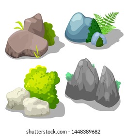 Stone and shrub vector clipart for summer landscape on white background. Park or garden landscape creator elements. Spring or summer scene illustration. Rock with green grass and leafy bush isolated