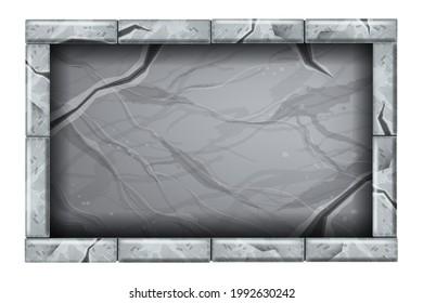 Stone sign board game UI illustration, vector marble rectangle tablet, cracked granite rock frame. Solid gray mineral texture background, tile interface decorative element. Stone sign panel on white