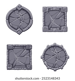 Stone sign board game UI illustration in Aztek style. APP frame for your icons, cracked granite rock frame. Solid gray stone texture background, tile interface decorative element on white background